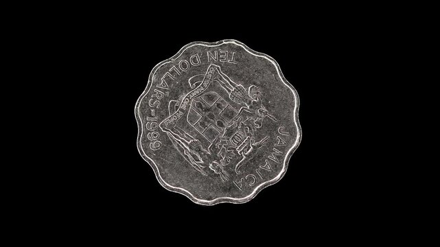 Jamaica 1999 10 dollars scalloped coin obverse rotating on black background