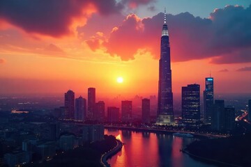 Obraz premium A sleek, modern cityscape skyline at sunset, symbolizing the far-reaching influence and high-status associated with prestige and achievement , technology, influence, ambition