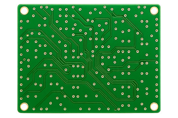 Detailed green circuit board showcasing electronic connections on a transparent background