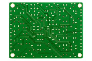 Detailed green circuit board showcasing electronic connections on a transparent background