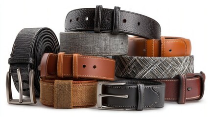 Stacked Variety Of Leather And Fabric Belts In Different Colors