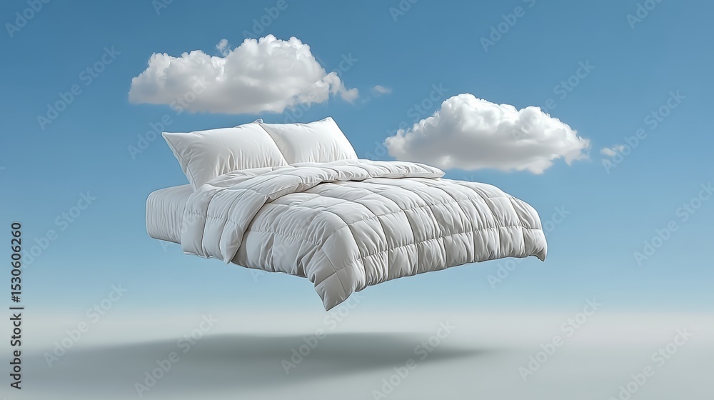 Poster floating bed with fluffy white comforter and pillows, suspended in a serene blue sky with soft cloud