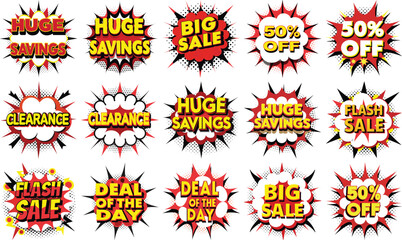 Comic Book Style Sale Bubbles Featuring Flash Sale, Huge Savings, and 50% Off Designs