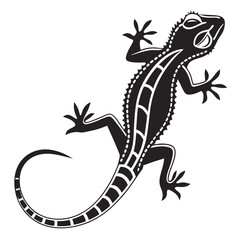 Stylized black gecko crawls, showing intricate geometric white pattern across its sleek, reptilian body