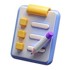 A stylized clipboard with yellow cubes and a pencil resting on white lines on a blue background 3d icon