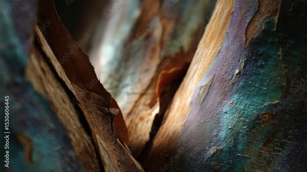 Poster closeup shot of tree trunks with iridescent bark exhibiting fractal designs as sunlight filters thro