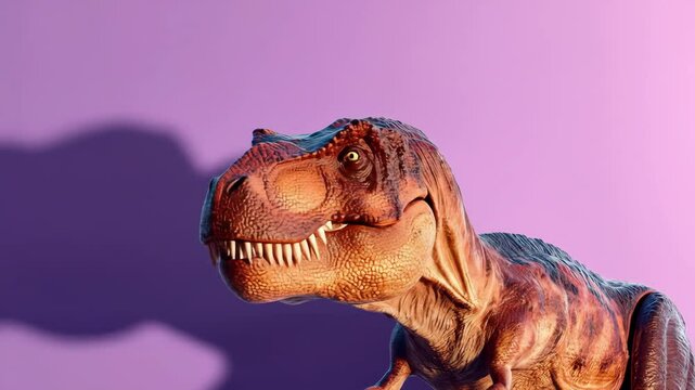 A toy dinosaur stands against a lavender background Harsh lighting reveals textured skin and a large shadow The dinosaur stares slightly upward with open mouth