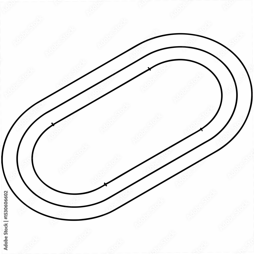 Poster aerial view of three lane running track oval isolated on white background simple black line drawing 