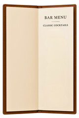 Elegant bar menu cover featuring classic cocktail options on a transparent background