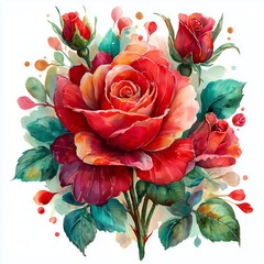 Botanical line art. Vibrant watercolor painting of roses with lush green leaves and splashes of color.