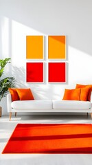 Modern living room, orange decor, sunlight, wall art, interior design