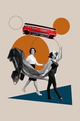 Vertical banner sketch 3d collage of happy girl guy dance retro boombox player celebration occasion...