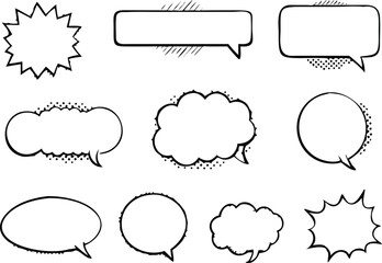 Retro empty comic bubbles and elements set with black halftone shadows. in retro vintage and pop art style. Vector illustration,