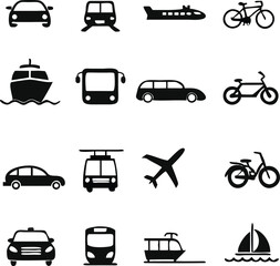 Transport Vector Icon set. Contains such Icons as Taxi, Train, Tram, Airplane, car, Public bus, Ship/Ferry, bicycle, motorcycle and more.