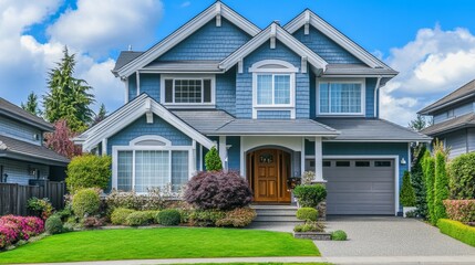 Obraz na płótnie Canvas A charming light blue two-story home with steep roof, large windows, wooden door, manicured lawn, shrubs, and paved driveway under blue skies.