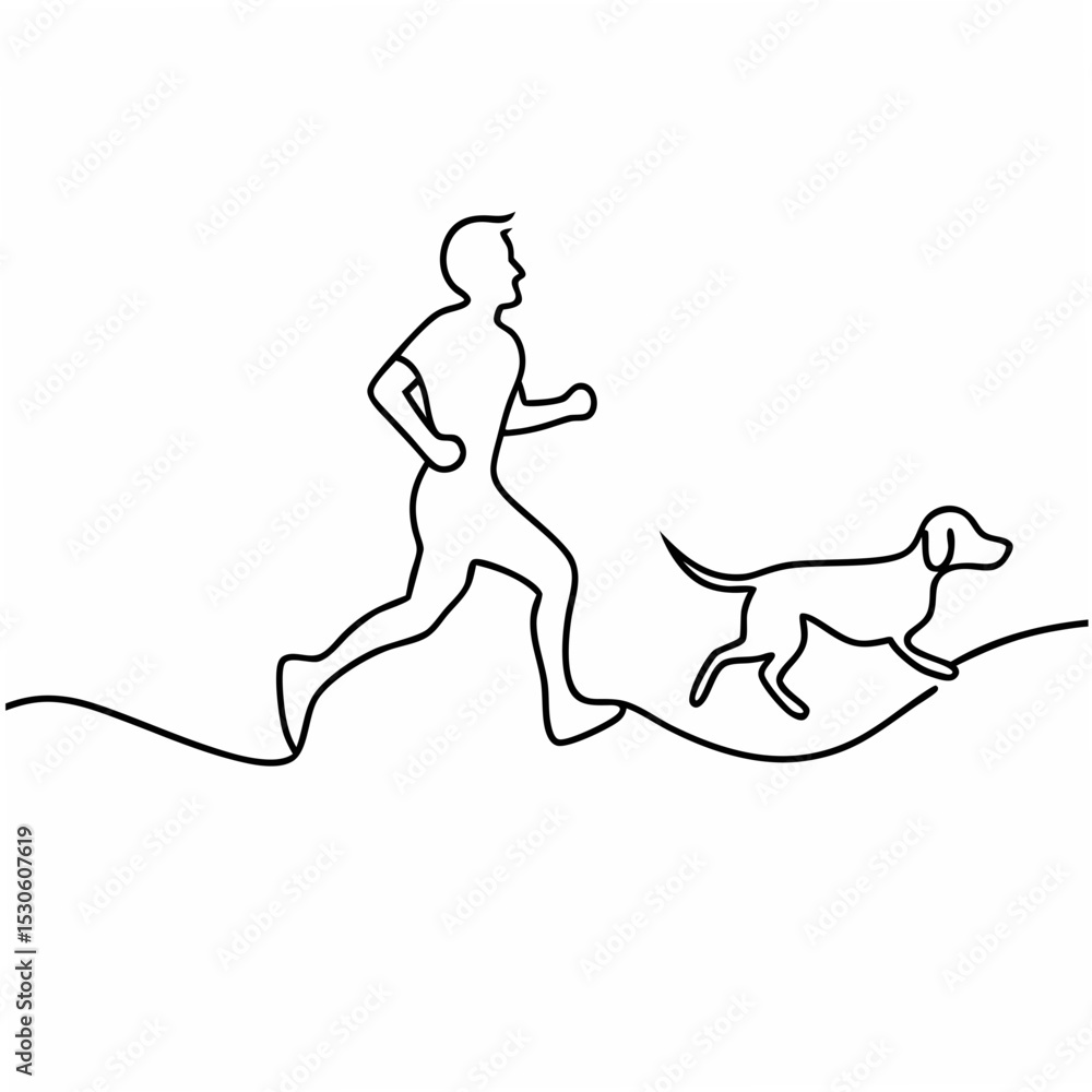 Poster man jogging with dog single line drawing on white background simple minimalist black and white illus