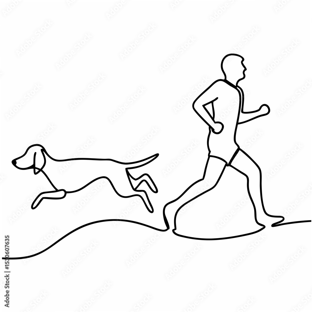 Poster man running with dog single line drawing on white background running dog