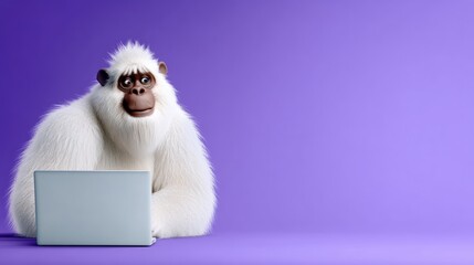 Obraz premium Cartoon illustration of a friendly white gorilla sitting at a laptop on a vibrant purple background, showcasing a whimsical and engaging scene of technology and creativity in a playful environment