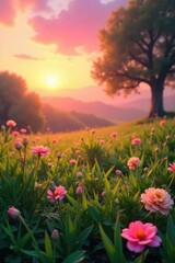 Fototapeta premium A vibrant sunrise paints the landscape in soft pink and orange hues, illuminating dew-kissed flowers and lush green foliage Perfect for spring, nature, and idyllic themes , blossom, morning, meadow