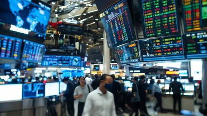 Bustling trading floor, data screens and busy traders indicating global markets operations - Powered by Adobe
