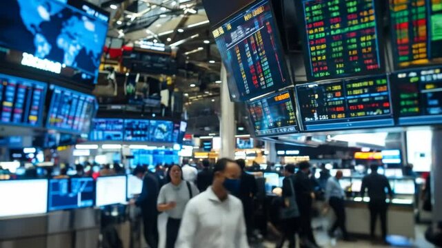 Bustling trading floor, data screens and busy traders indicating global markets operations - Powered by Adobe