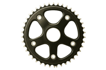 Black metal bicycle chainring on a transparent background