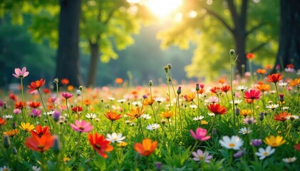 Fototapeta premium A vibrant wildflower meadow bursting with color, sunlight dappling through the trees, creating a breathtaking natural scene Perfect for nature, spring, and environmental themes , sunlight, red