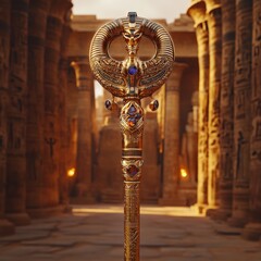Ornate Golden Scepter with Egyptian Motifs in a Temple Setting