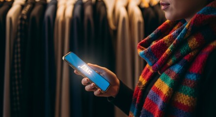 Shopping experience woman engaging with mobile device in fashion retail store urban environment close-up perspective modern lifestyle concept