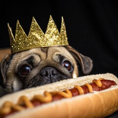 Adorable Pug Wearing a Crown Longing for a Delicious Hotdog Treat