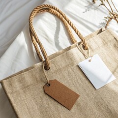 Beige Canvas Tote Bag with Rope Handles and Two Blank Tags