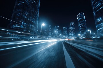 Night cityscape, blurred motion of traffic on highway, illuminated skyscrapers