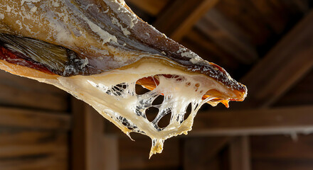 Naklejka premium Faroe Islands - “Ræstur fiskur” - fish dried in sheep fat. cod aged in sheep fat for months, crystallized fat strands 