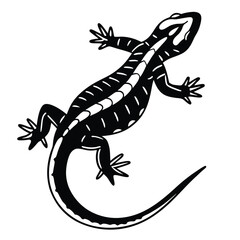 The black and white stylized lizard crawling has distinctive markings along its body