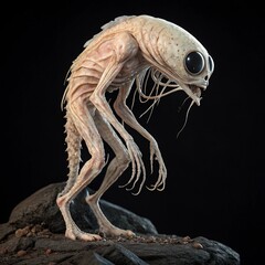 Pale Alien Creature with Large Eyes Standing on a Rocky Surface in Darkness