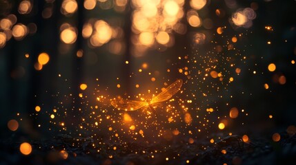 Firefly evening glow in dusky landscape with soft blur and golden specks of light