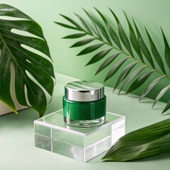 Luxury Green Cream Jar Mockup on Acrylic Stand with Tropical Leaves
