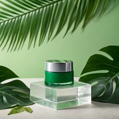 Green Cosmetic Jar on Acrylic Stand with Tropical Leaves Background for Mockup