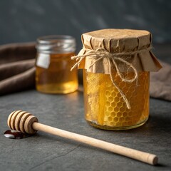 Delicious Honeycomb in a Jar with Honey Dipper on a Dark Background