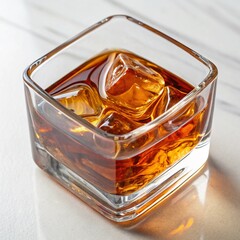 Whiskey on the Rocks in a Square Glass on a Marble Surface