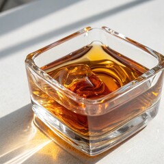 Amber Liquid in Square Glass with Ice and Sunlight Reflections