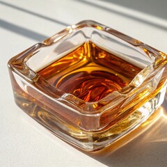 Elegant Square Glass Ashtray with Golden Reflections in Sunlight on White Surface