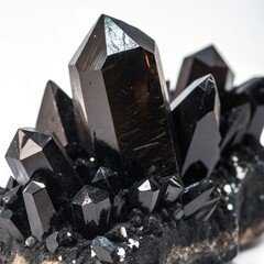 Close up of a shiny cluster of black quartz crystals on white