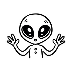 A cartoon alien character with large eyes and a small body. The alien has a simple design with a round head and is waving its hands.