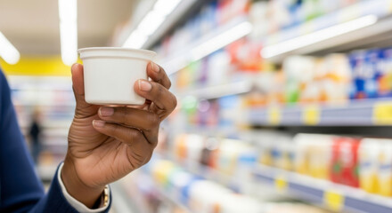 Shopping experience grocery store consumer behavior refrigerated aisle close-up view product selection
