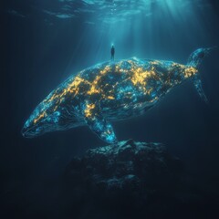 Fototapeta premium Underwater Encounter A Man and a Bioluminescent Whale in the Deep Sea