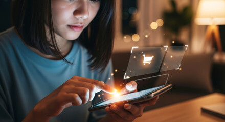 Engaging e-commerce experience online shopping digital interaction cozy home environment close-up view user-friendly concept for modern consumers