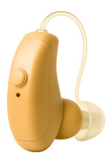 Compact hearing aid designed for comfortable daily use on a transparent background