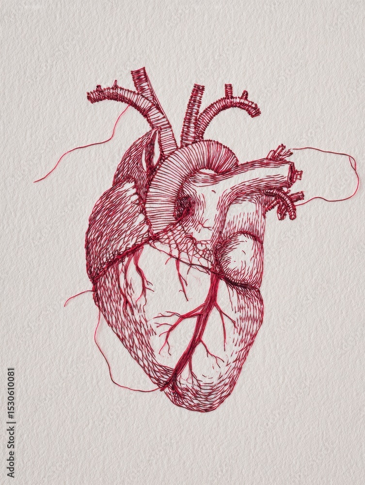 Poster red thread intricately woven through a medical heart sketch highlighting anatomy and structure in a 