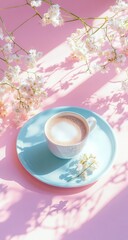 Pastel pink background with a light blue saucer and cup of cappuccino, adorned with delicate white flowers. Soft sunlight casts gentle shadows
